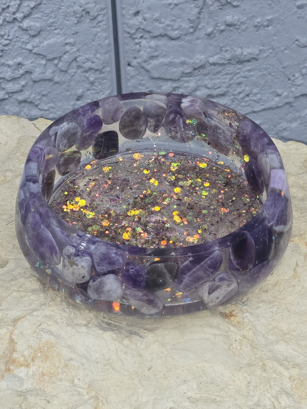 Earth Art hand crafted artisan Amethyst Purple Resin Accent Bowl